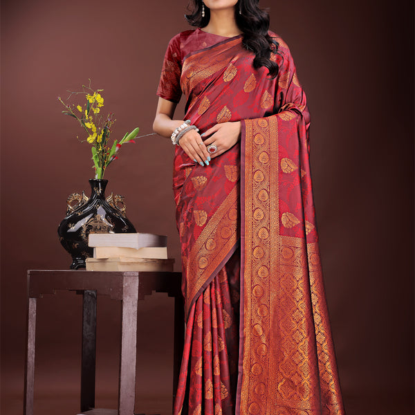 Astita Majestic Maroon Banarasi Silk Saree with Golden Zari - Timeless Indian Ethnic Elegance for Weddings & Festive Occasions - Distacart