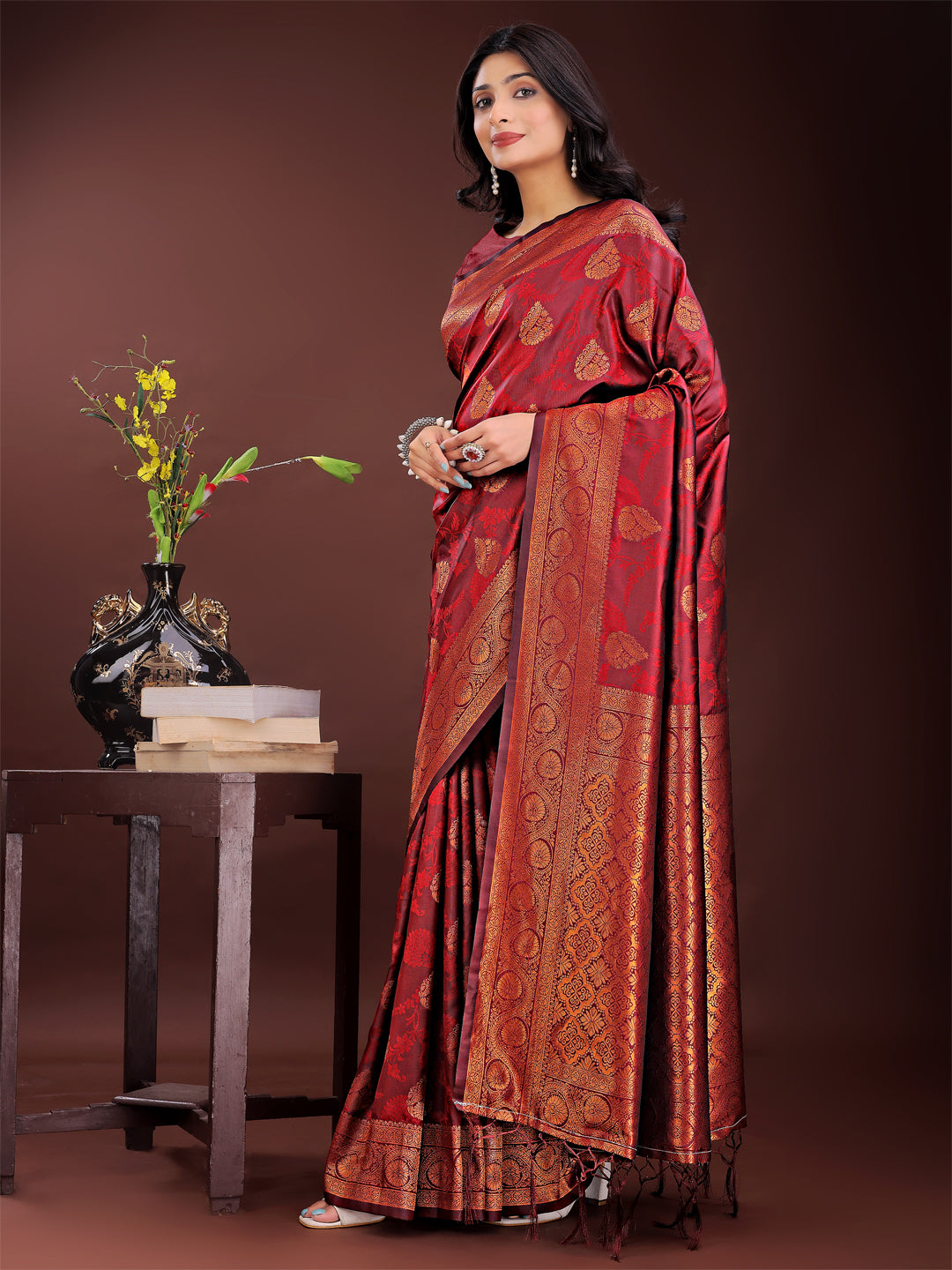 Astita Majestic Maroon Banarasi Silk Saree with Golden Zari - Timeless Indian Ethnic Elegance for Weddings & Festive Occasions - Distacart