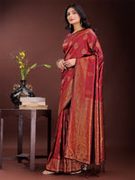 Thumbnail for Astita Majestic Maroon Banarasi Silk Saree with Golden Zari - Timeless Indian Ethnic Elegance for Weddings & Festive Occasions - Distacart