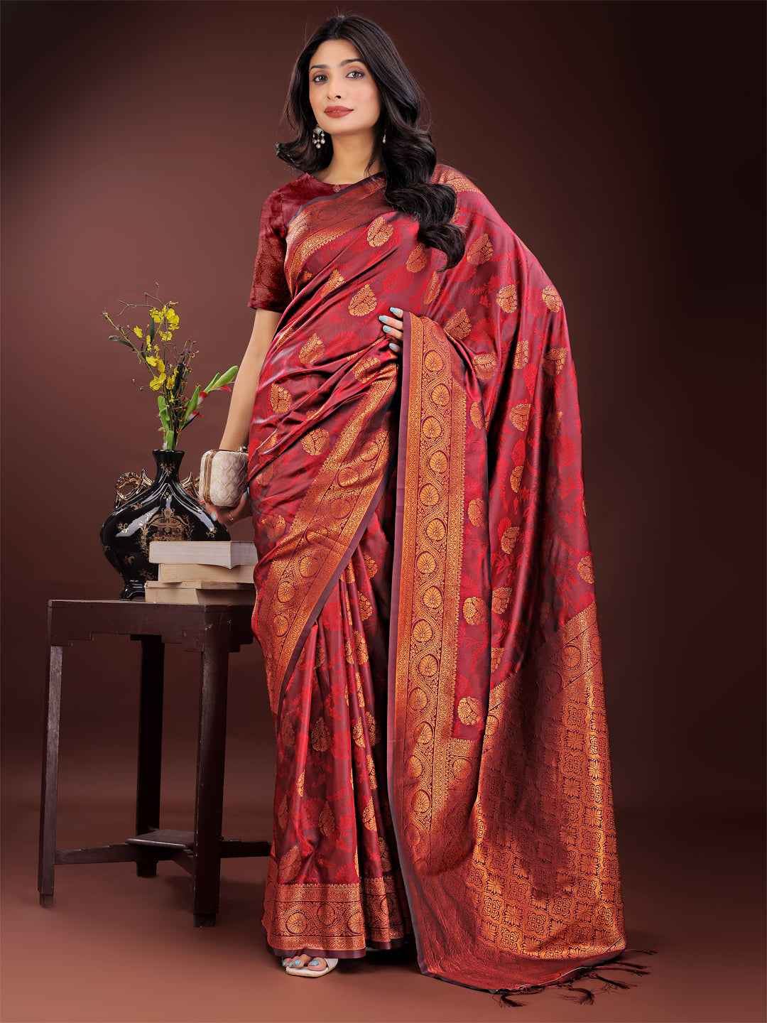 Astita Majestic Maroon Banarasi Silk Saree with Golden Zari - Timeless Indian Ethnic Elegance for Weddings & Festive Occasions - Distacart