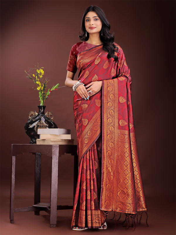 Astita Majestic Maroon Banarasi Silk Saree with Golden Zari - Timeless Indian Ethnic Elegance for Weddings & Festive Occasions - Distacart