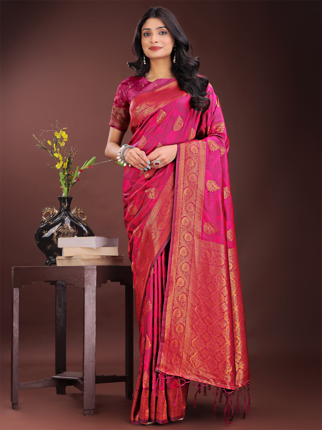 Astita Majestic Magenta Banarasi Silk Saree with Golden Zari - Timeless Indian Ethnic Elegance for Weddings & Festive Occasions - Distacart
