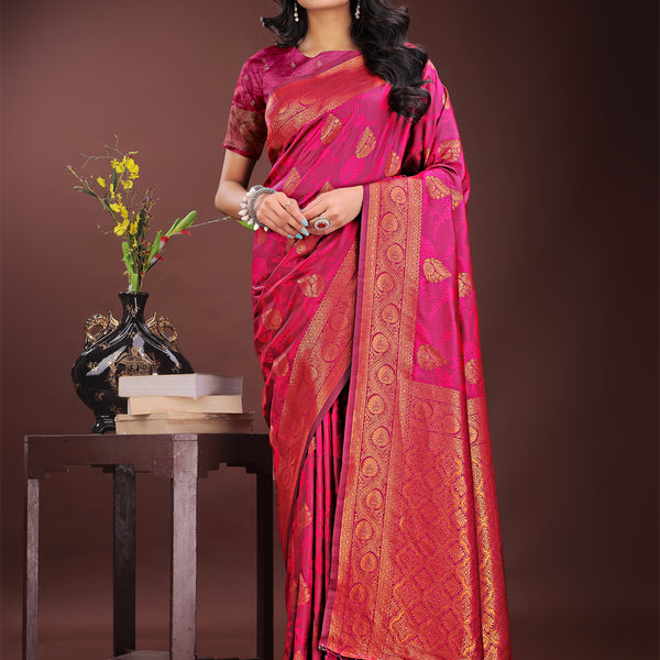 Astita Majestic Magenta Banarasi Silk Saree with Golden Zari - Timeless Indian Ethnic Elegance for Weddings & Festive Occasions - Distacart
