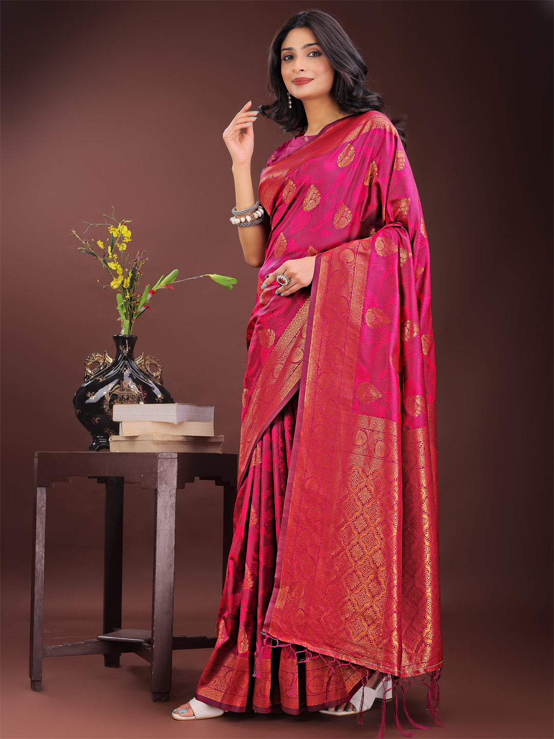 Astita Majestic Magenta Banarasi Silk Saree with Golden Zari - Timeless Indian Ethnic Elegance for Weddings & Festive Occasions - Distacart