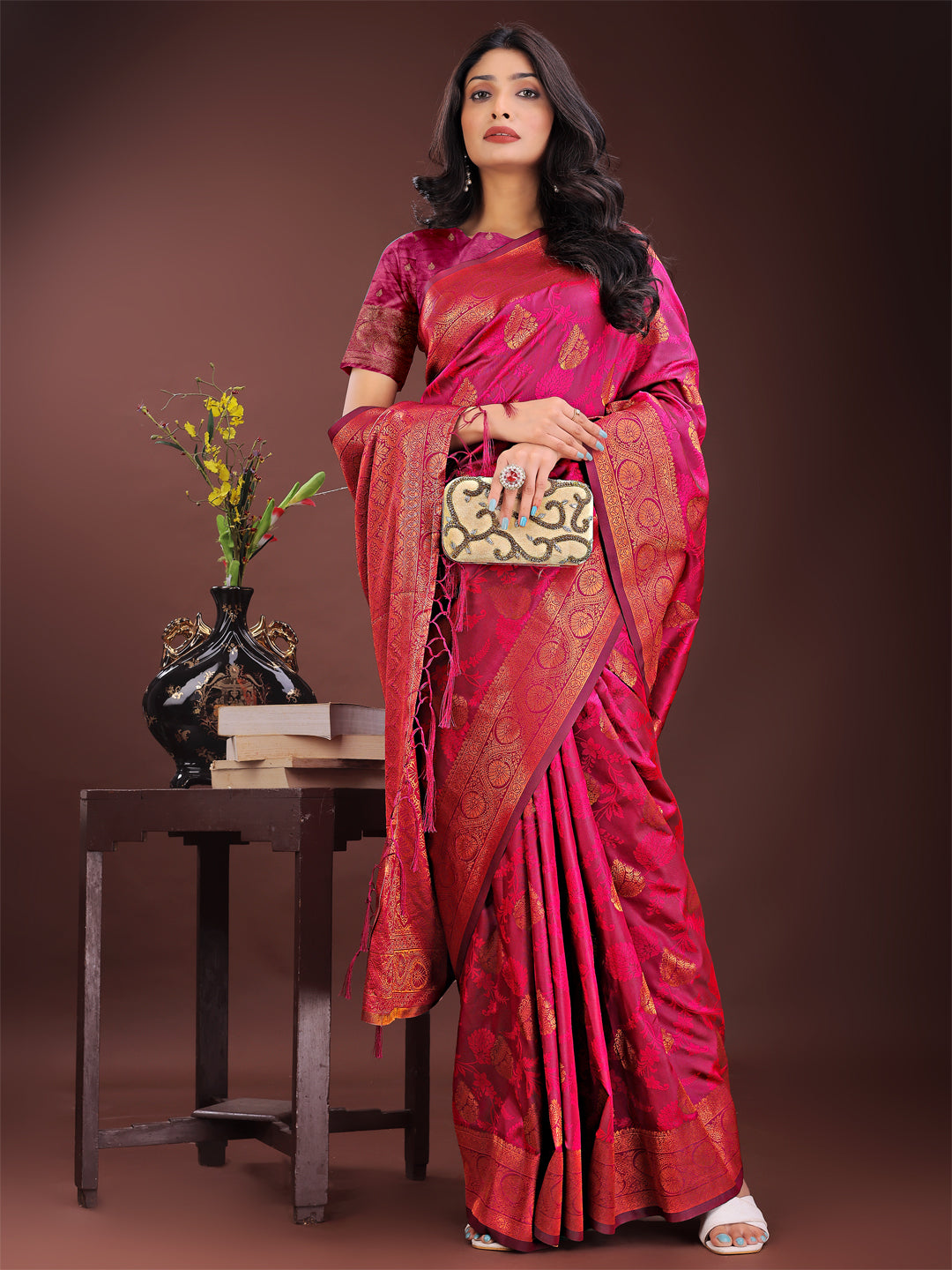 Astita Majestic Magenta Banarasi Silk Saree with Golden Zari - Timeless Indian Ethnic Elegance for Weddings & Festive Occasions - Distacart