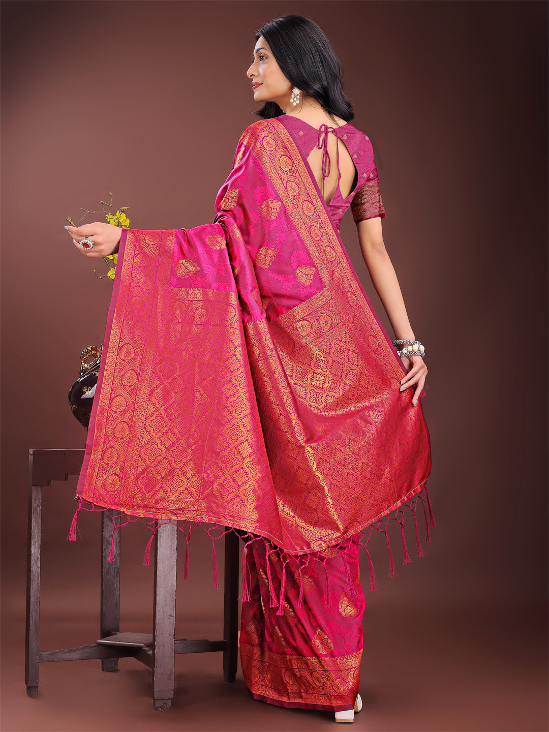 Astita Majestic Magenta Banarasi Silk Saree with Golden Zari - Timeless Indian Ethnic Elegance for Weddings & Festive Occasions - Distacart