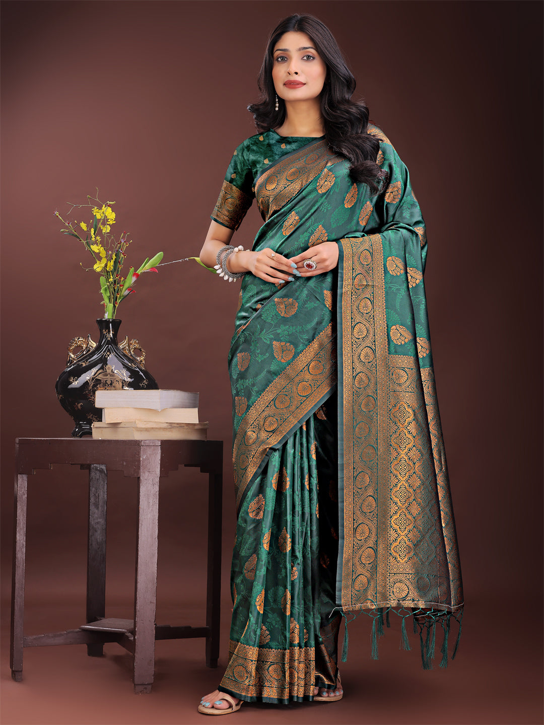 Astita Majestic Dark Green Banarasi Silk Saree with Golden Zari - Timeless Indian Ethnic Elegance for Weddings & Festive Occasions - Distacart
