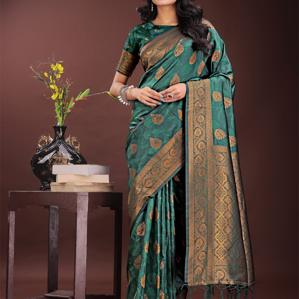 Astita Majestic Dark Green Banarasi Silk Saree with Golden Zari - Timeless Indian Ethnic Elegance for Weddings & Festive Occasions - Distacart