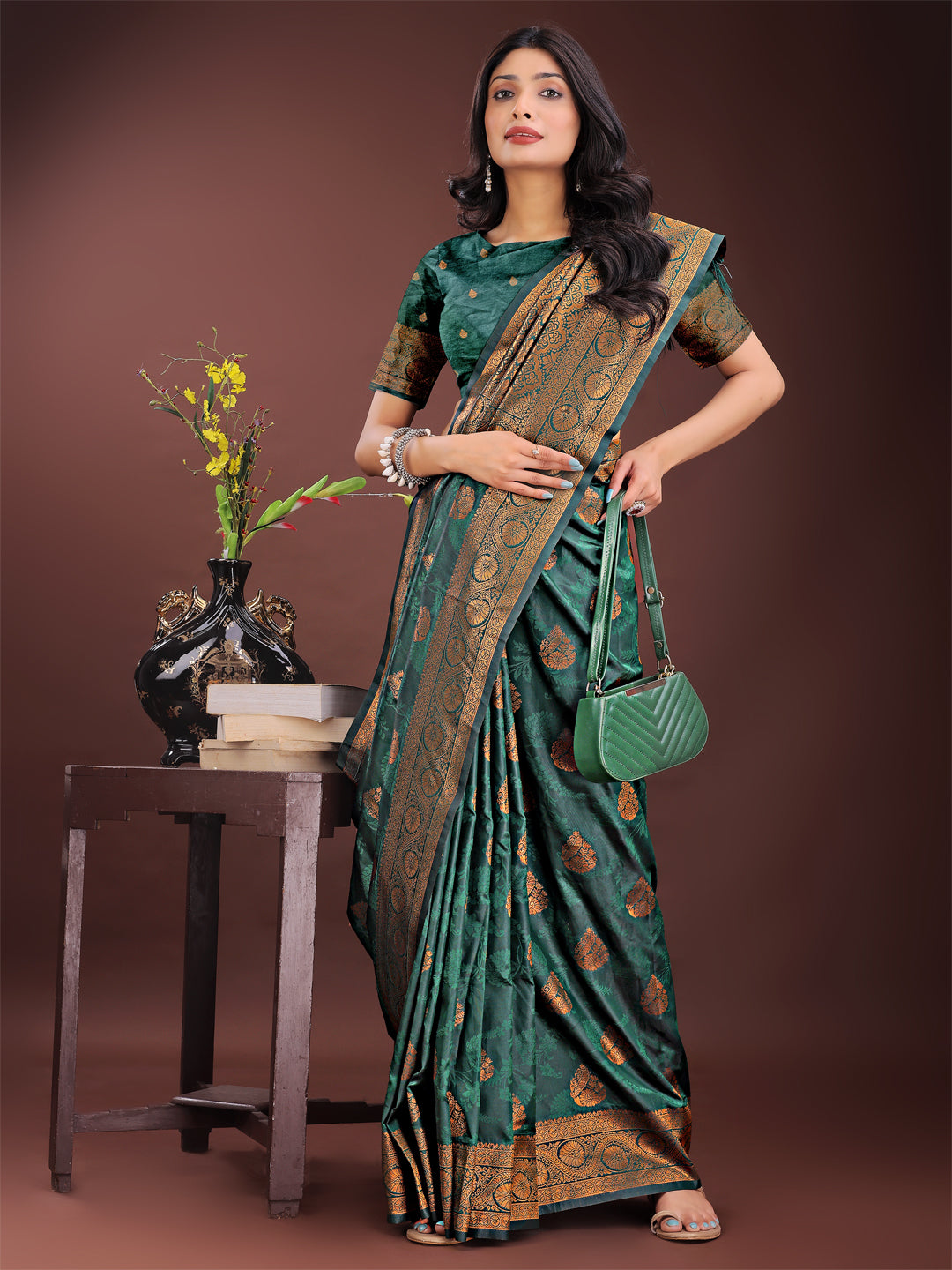 Astita Majestic Dark Green Banarasi Silk Saree with Golden Zari - Timeless Indian Ethnic Elegance for Weddings & Festive Occasions - Distacart