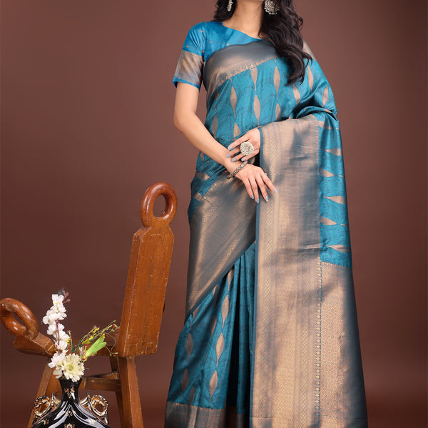 Astita Teal Blue Linen Cotton Saree with Golden Zari Leaf Woven Design & Rich Pallu - Festive Wear | Office Look | Soft Drape - Distacart