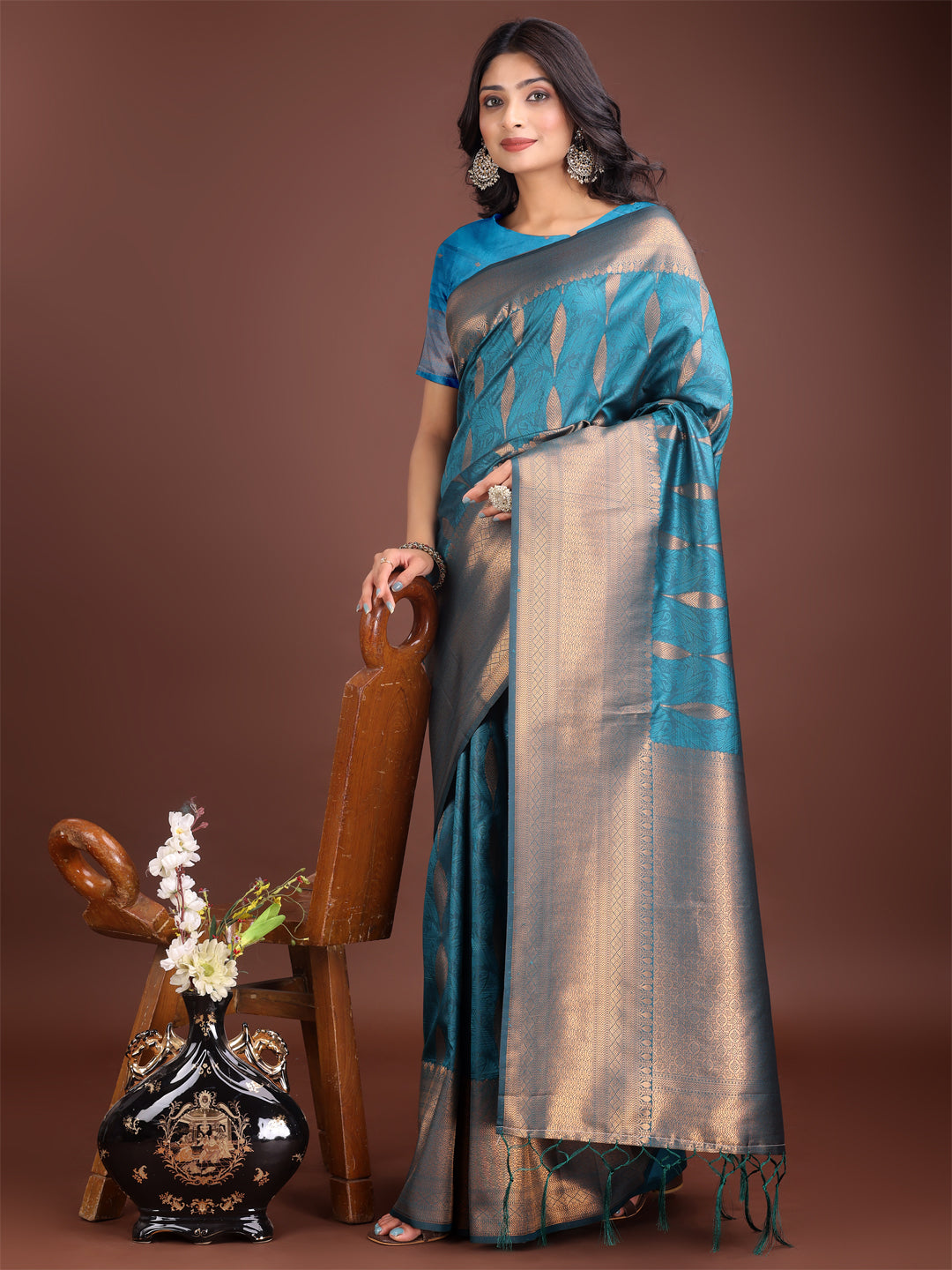 Astita Teal Blue Linen Cotton Saree with Golden Zari Leaf Woven Design & Rich Pallu - Festive Wear | Office Look | Soft Drape - Distacart