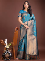 Thumbnail for Astita Teal Blue Linen Cotton Saree with Golden Zari Leaf Woven Design & Rich Pallu - Festive Wear | Office Look | Soft Drape - Distacart