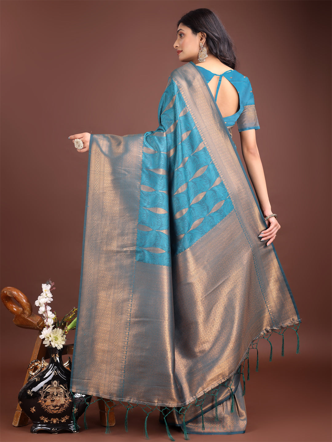 Astita Teal Blue Linen Cotton Saree with Golden Zari Leaf Woven Design & Rich Pallu - Festive Wear | Office Look | Soft Drape - Distacart