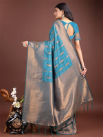 Thumbnail for Astita Teal Blue Linen Cotton Saree with Golden Zari Leaf Woven Design & Rich Pallu - Festive Wear | Office Look | Soft Drape - Distacart