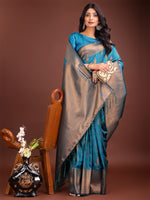 Thumbnail for Astita Teal Blue Linen Cotton Saree with Golden Zari Leaf Woven Design & Rich Pallu - Festive Wear | Office Look | Soft Drape - Distacart