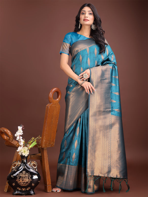 Astita Teal Blue Linen Cotton Saree with Golden Zari Leaf Woven Design & Rich Pallu - Festive Wear | Office Look | Soft Drape - Distacart