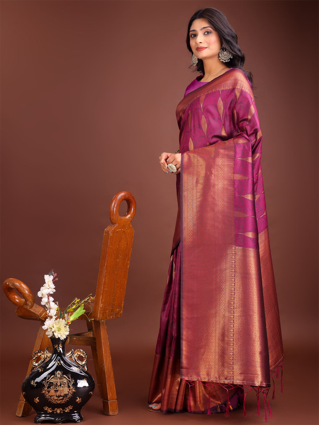 Astita Purple Linen Cotton Saree with Golden Zari Leaf Woven Design & Rich Pallu - Festive Wear | Office Look | Soft Drape - Distacart