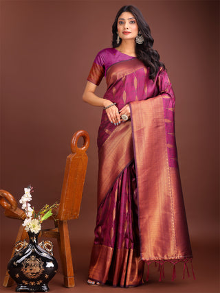 Astita Purple Linen Cotton Saree with Golden Zari Leaf Woven Design & Rich Pallu - Festive Wear | Office Look | Soft Drape - Distacart