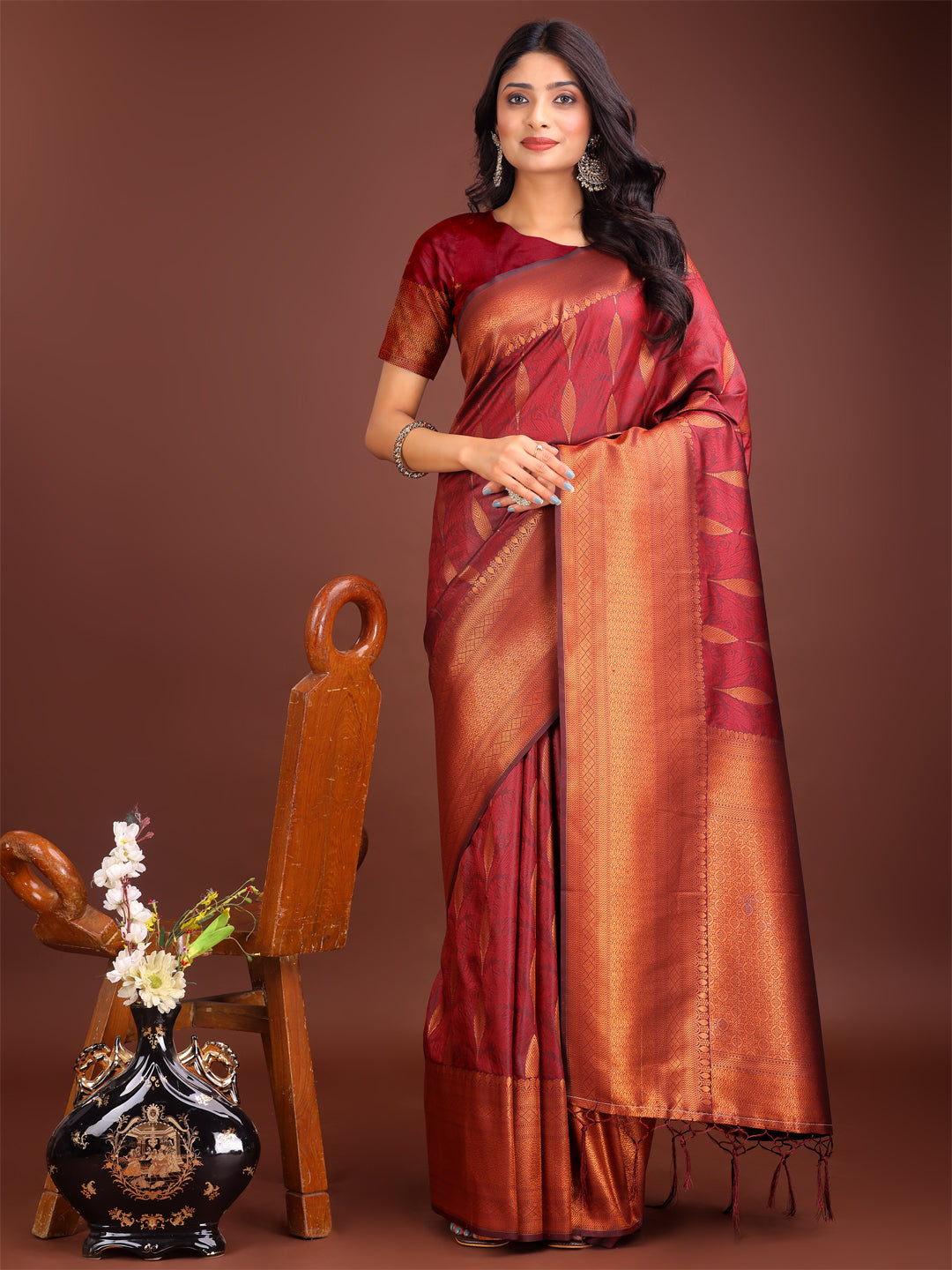 Astita Maroon Linen Cotton Saree with Golden Zari Leaf Woven Design & Rich Pallu - Festive Wear | Office Look | Soft Drape - Distacart
