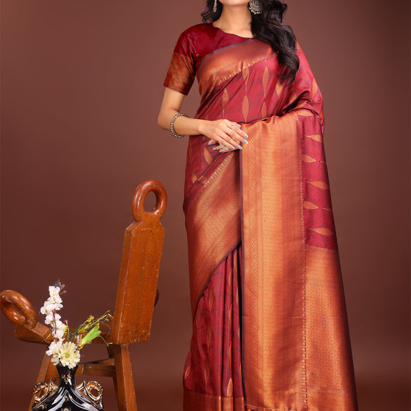Astita Maroon Linen Cotton Saree with Golden Zari Leaf Woven Design & Rich Pallu - Festive Wear | Office Look | Soft Drape - Distacart