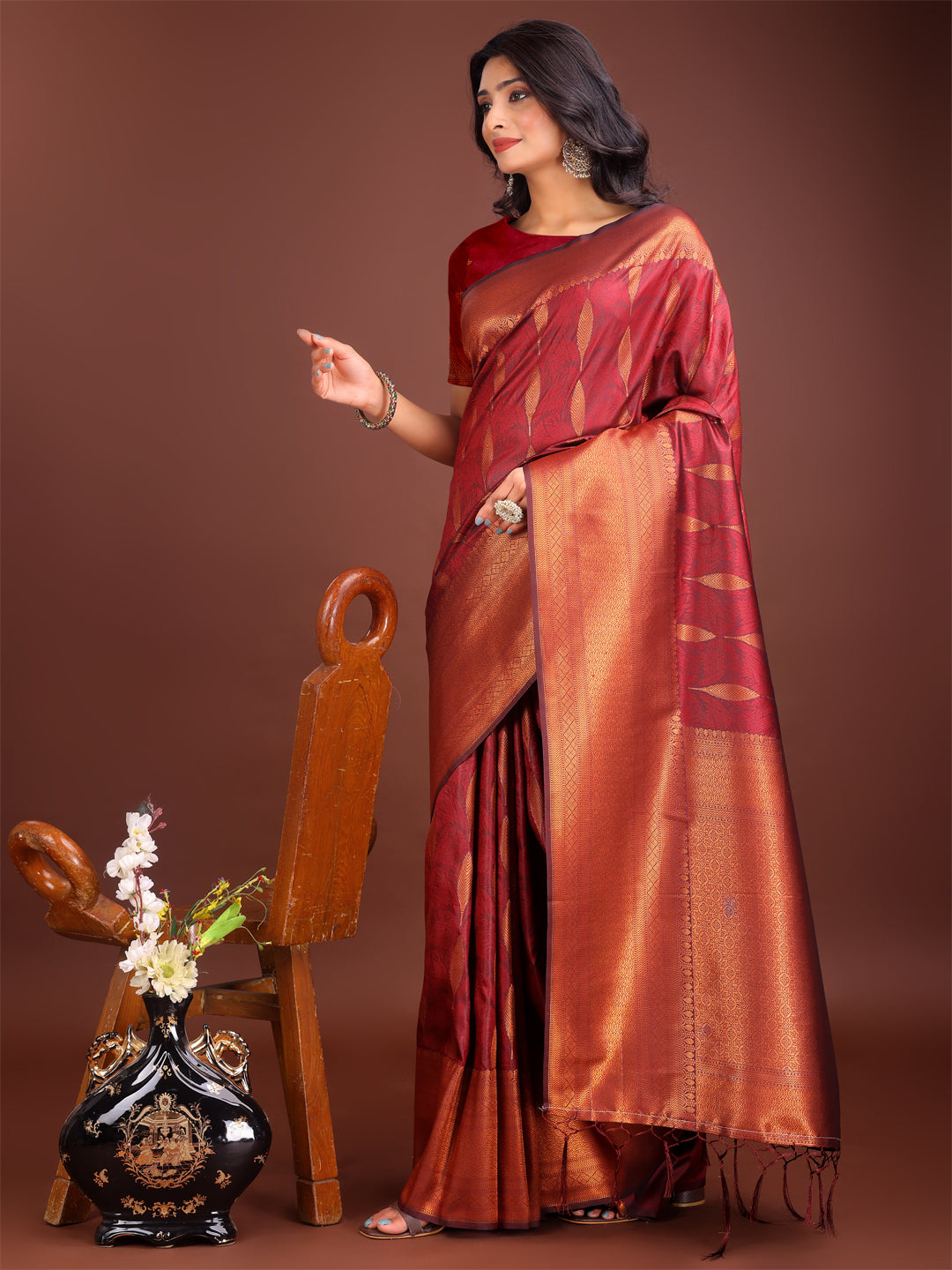 Astita Maroon Linen Cotton Saree with Golden Zari Leaf Woven Design & Rich Pallu - Festive Wear | Office Look | Soft Drape - Distacart