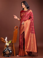 Thumbnail for Astita Maroon Linen Cotton Saree with Golden Zari Leaf Woven Design & Rich Pallu - Festive Wear | Office Look | Soft Drape