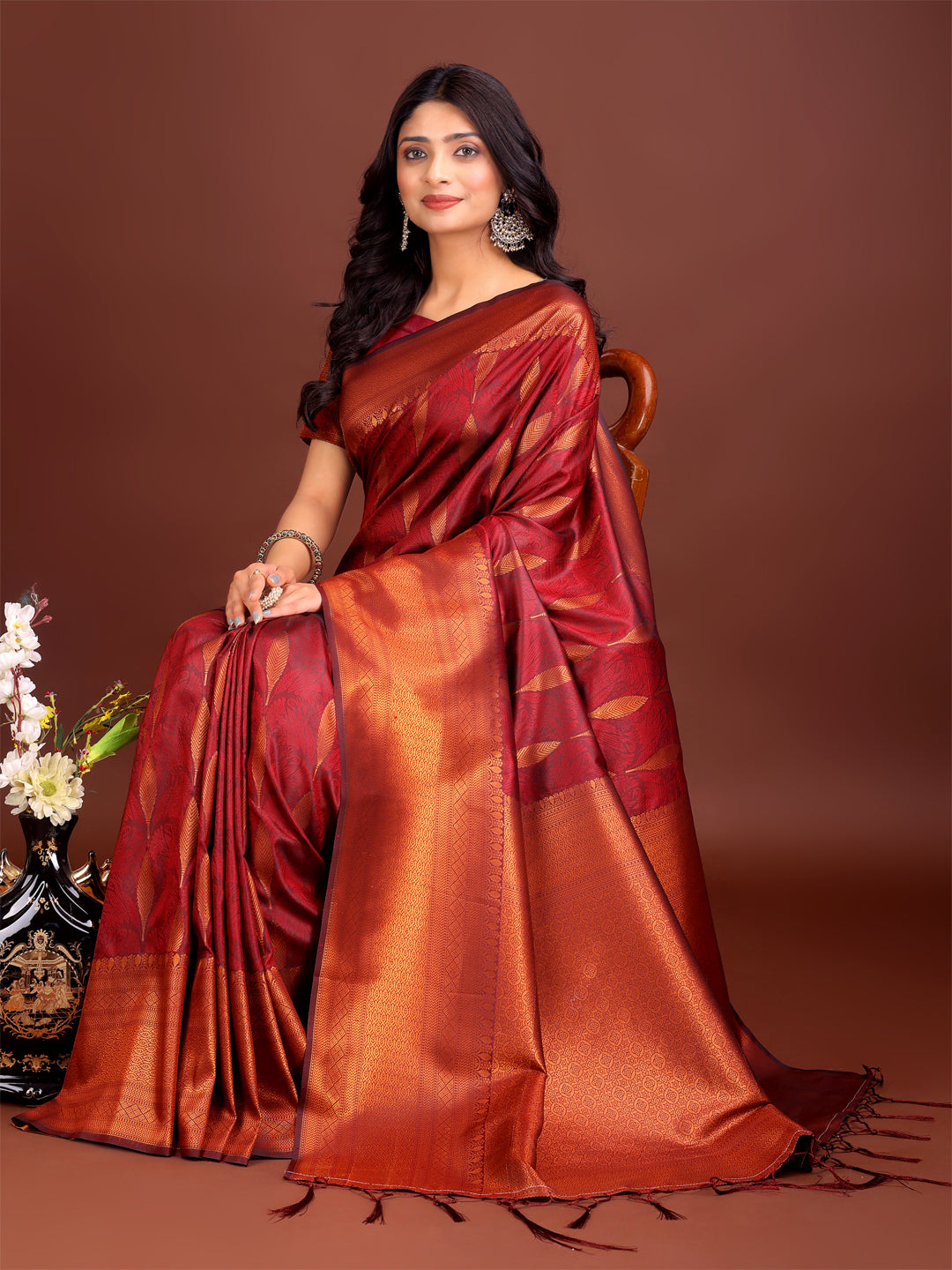 Astita Maroon Linen Cotton Saree with Golden Zari Leaf Woven Design & Rich Pallu - Festive Wear | Office Look | Soft Drape
