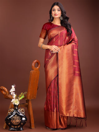 Astita Maroon Linen Cotton Saree with Golden Zari Leaf Woven Design & Rich Pallu - Festive Wear | Office Look | Soft Drape - Distacart