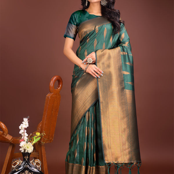 Astita Green Linen Cotton Saree with Golden Zari Leaf Woven Design & Rich Pallu - Festive Wear | Office Look | Soft Drape - Distacart
