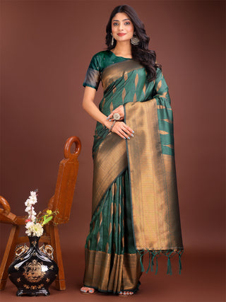 Astita Green Linen Cotton Saree with Golden Zari Leaf Woven Design & Rich Pallu - Festive Wear | Office Look | Soft Drape - Distacart