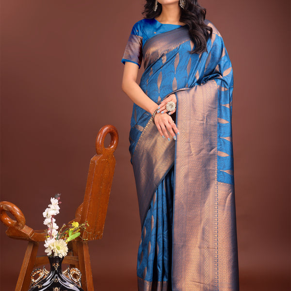 Astita Sky Blue Linen Cotton Saree with Golden Zari Leaf Woven Design & Rich Pallu - Festive Wear | Office Look | Soft Drape - Distacart