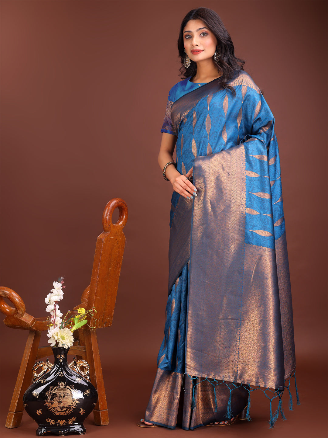 Astita Sky Blue Linen Cotton Saree with Golden Zari Leaf Woven Design & Rich Pallu - Festive Wear | Office Look | Soft Drape - Distacart