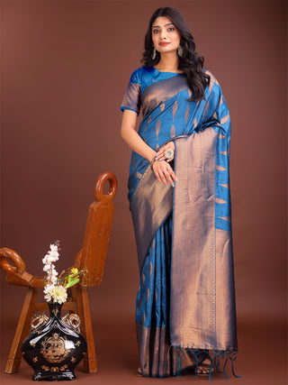 Astita Sky Blue Linen Cotton Saree with Golden Zari Leaf Woven Design & Rich Pallu - Festive Wear | Office Look | Soft Drape - Distacart