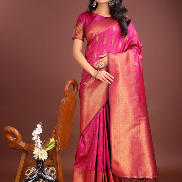 Astita Magenta Linen Cotton Saree with Golden Zari Leaf Woven Design & Rich Pallu - Festive Wear | Office Look | Soft Drape - Distacart
