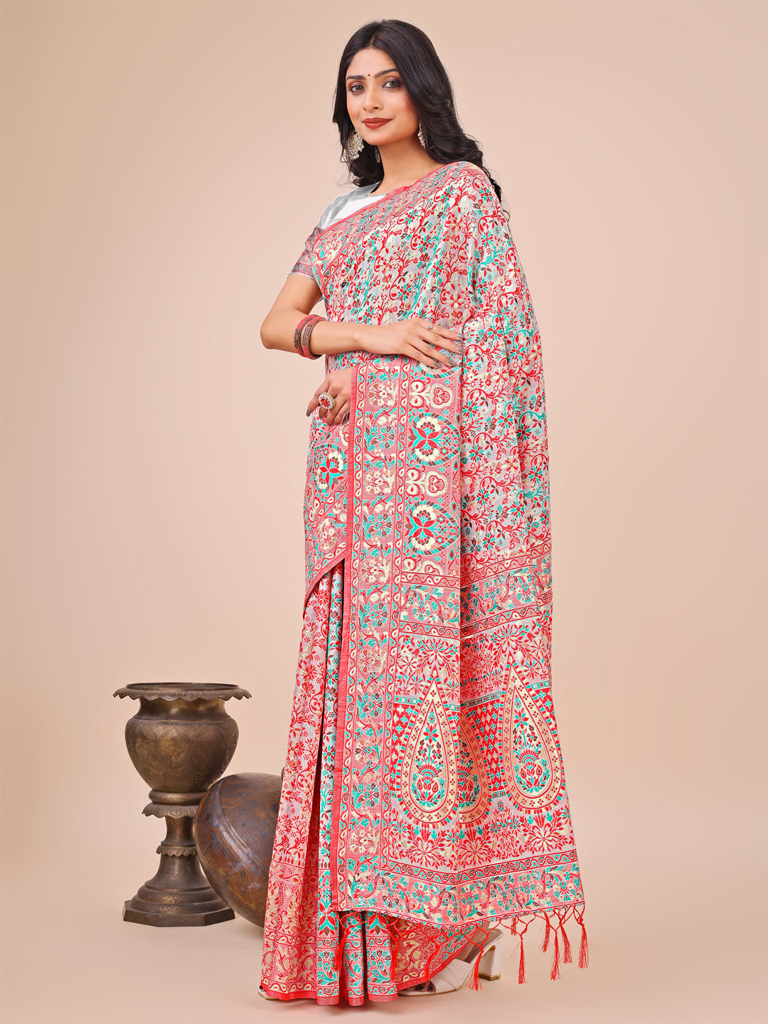 Astita Elegant White Jacquard Linen Cotton Saree with Traditional Multicolor Weave & Tassel Pallu - Festive & Casual Wear for Women - Distacart