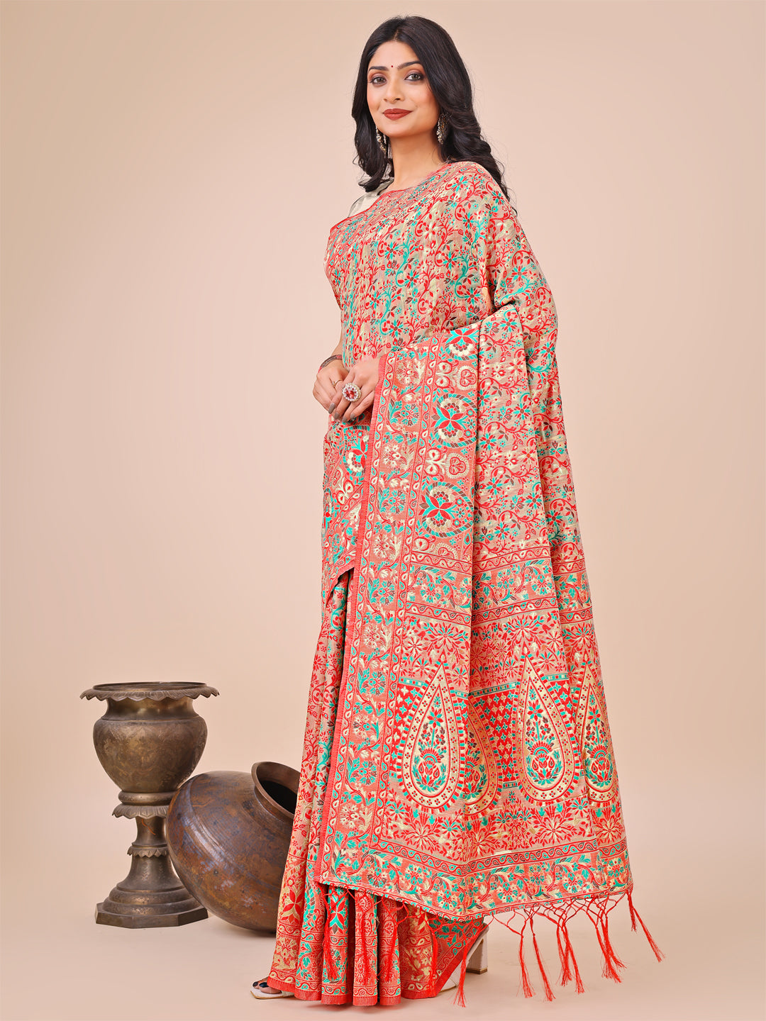 Astita Elegant Cream Jacquard Linen Cotton Saree with Traditional Multicolor Weave & Tassel Pallu - Festive & Casual Wear for Women - Distacart