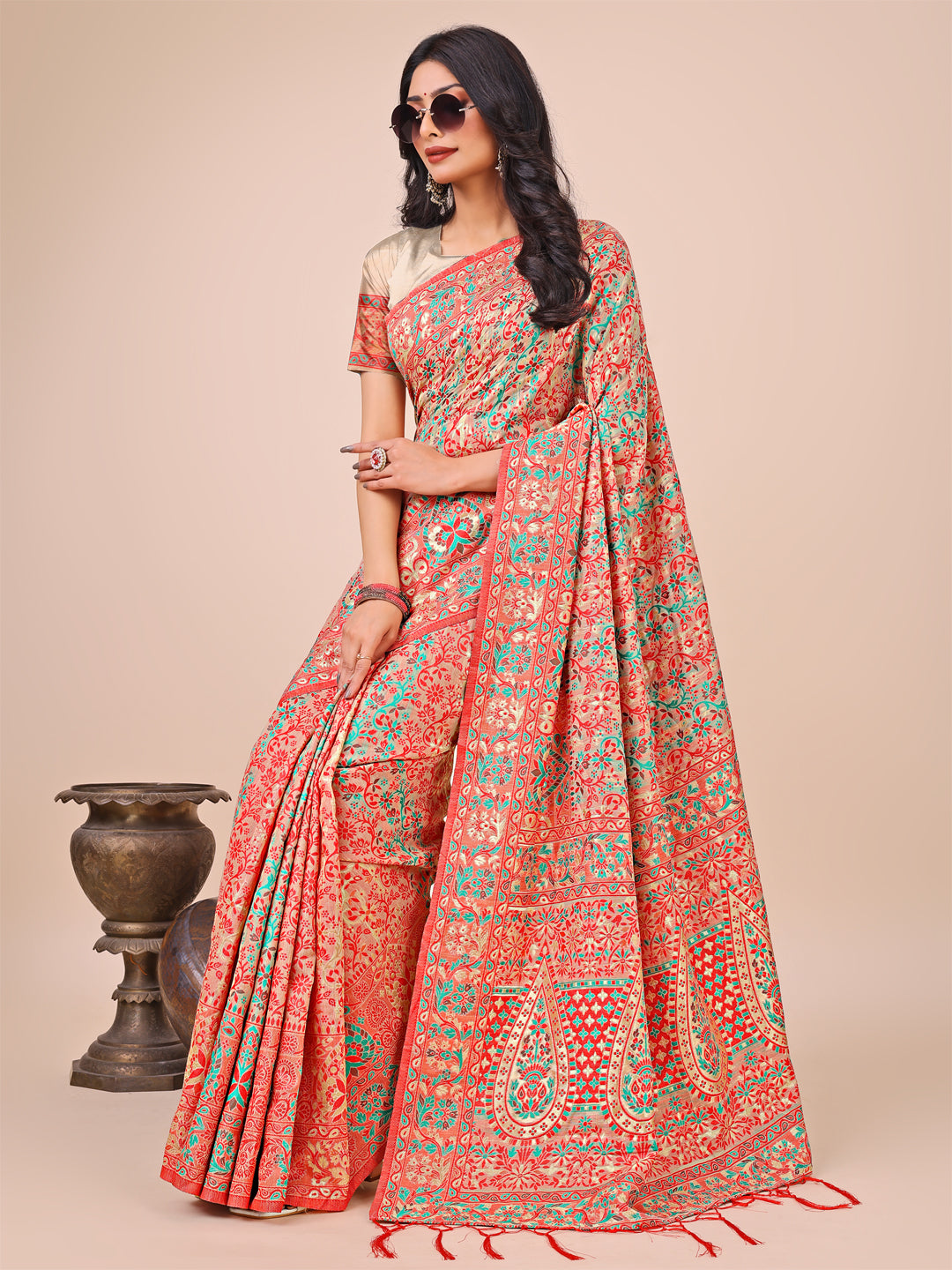 Astita Elegant Cream Jacquard Linen Cotton Saree with Traditional Multicolor Weave & Tassel Pallu - Festive & Casual Wear for Women - Distacart