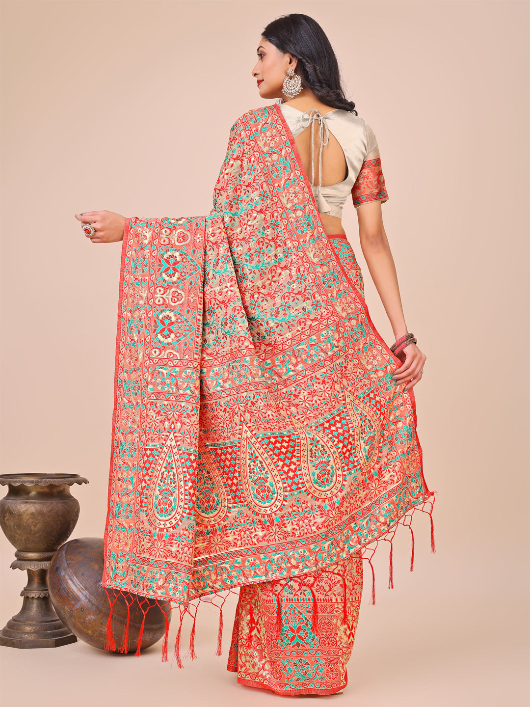 Astita Elegant Cream Jacquard Linen Cotton Saree with Traditional Multicolor Weave & Tassel Pallu - Festive & Casual Wear for Women - Distacart