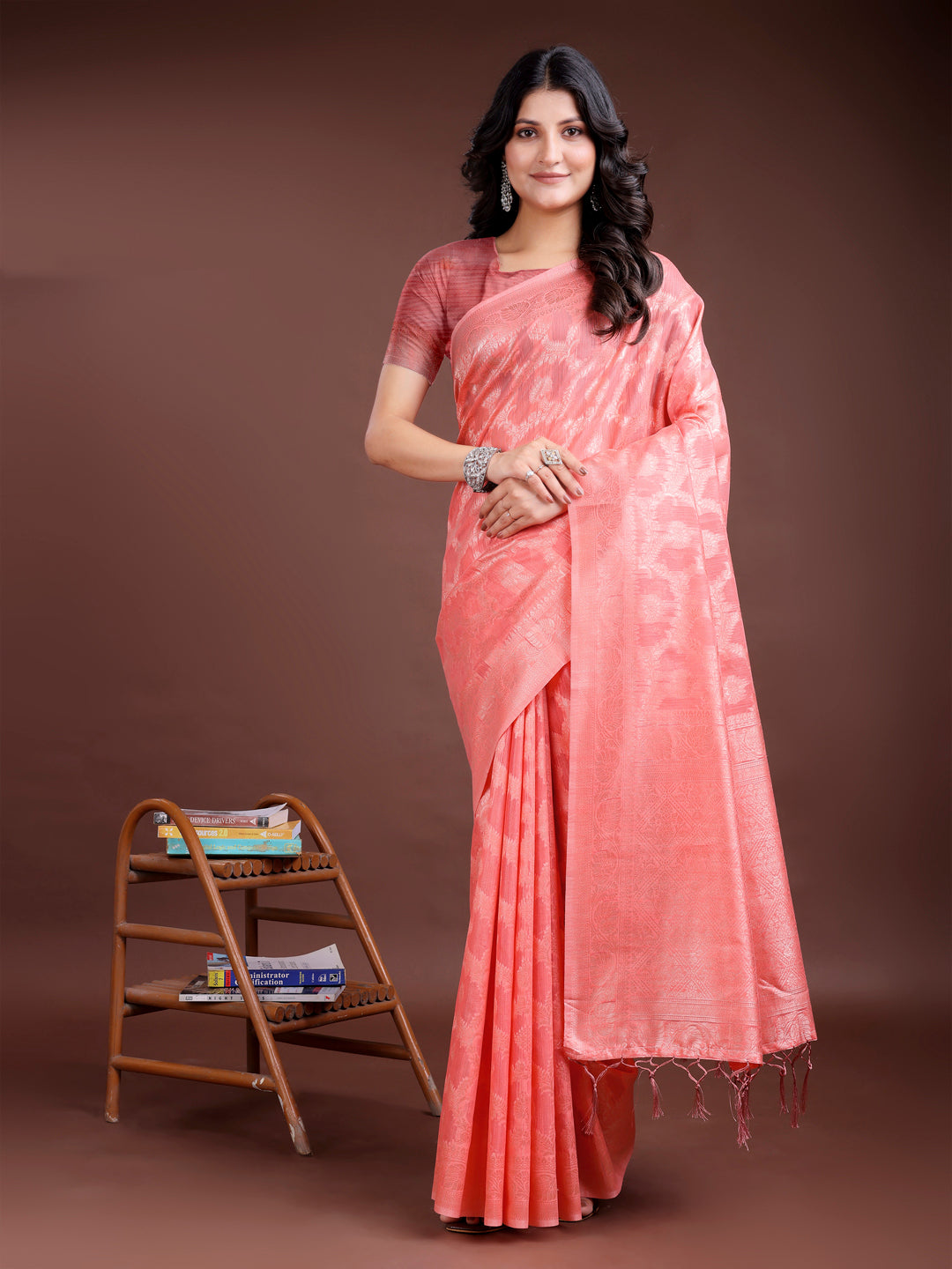 Astita Peach Linen Cotton Woven Zari Work Traditional Tassel Saree - Distacart