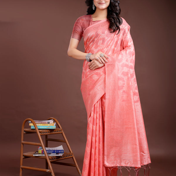 Astita Peach Linen Cotton Woven Zari Work Traditional Tassel Saree - Distacart