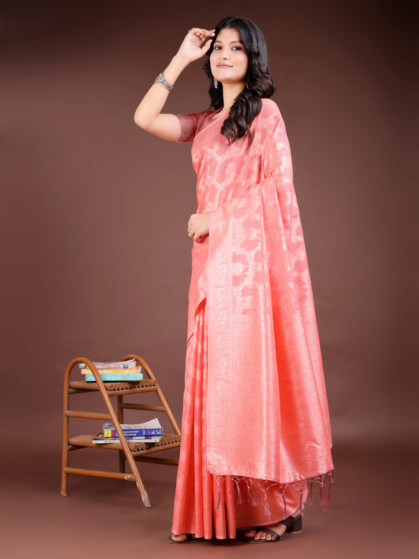 Astita Peach Linen Cotton Woven Zari Work Traditional Tassel Saree - Distacart