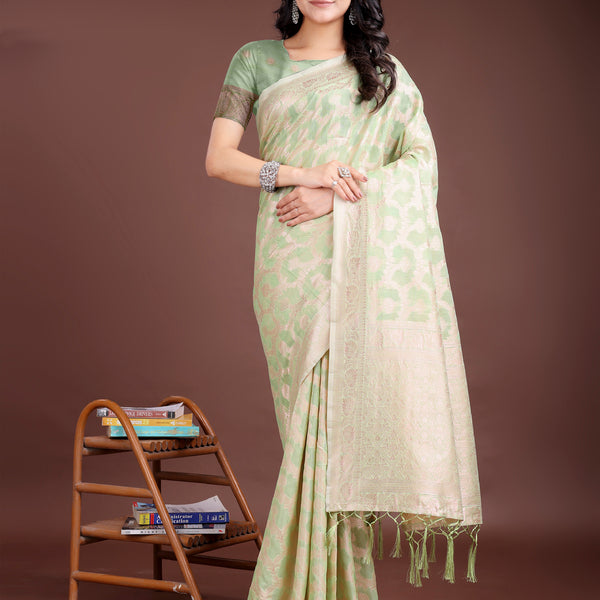 Astita Light Green Linen Cotton Woven Zari Work Traditional Tassel Saree - Distacart