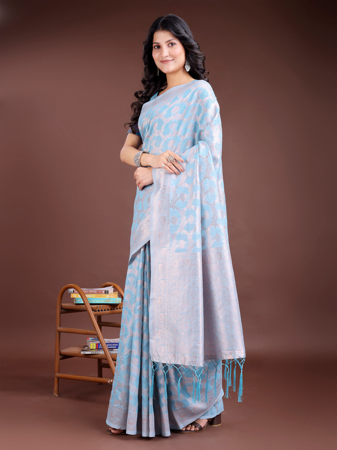 Astita Sky Blue Linen Cotton Woven Zari Work Traditional Tassel Saree - Distacart
