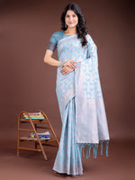 Thumbnail for Astita Sky Blue Linen Cotton Woven Zari Work Traditional Tassel Saree - Distacart