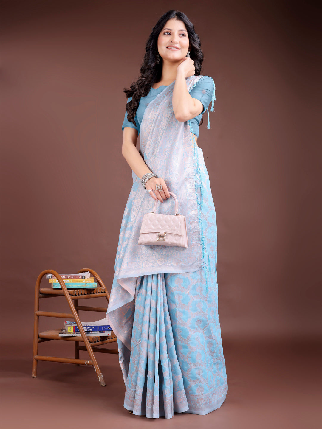Astita Sky Blue Linen Cotton Woven Zari Work Traditional Tassel Saree - Distacart