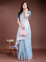 Thumbnail for Astita Sky Blue Linen Cotton Woven Zari Work Traditional Tassel Saree - Distacart