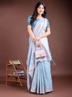 Thumbnail for Astita Sky Blue Linen Cotton Woven Zari Work Traditional Tassel Saree - Distacart