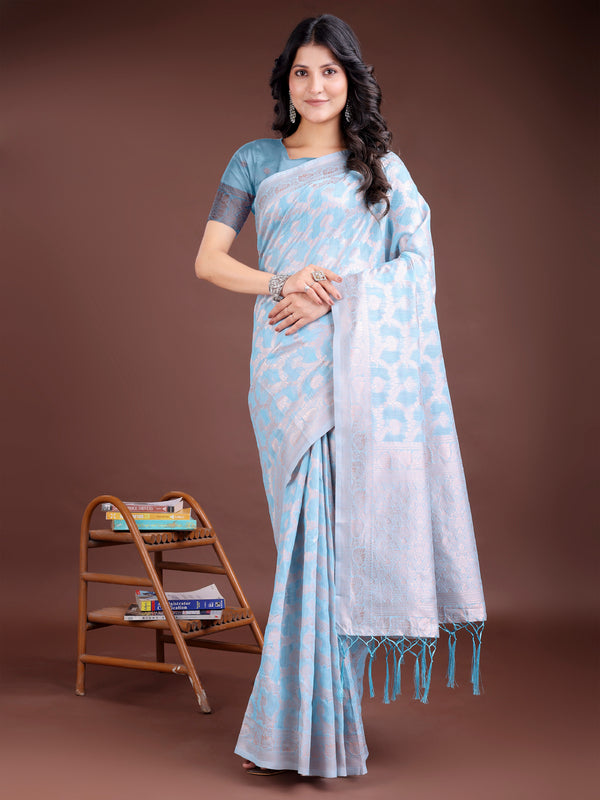 Astita Sky Blue Linen Cotton Woven Zari Work Traditional Tassel Saree - Distacart