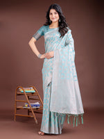 Thumbnail for Astita Sea Green Linen Cotton Woven Zari Work Traditional Tassel Saree - Distacart