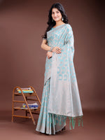Thumbnail for Astita Sea Green Linen Cotton Woven Zari Work Traditional Tassel Saree - Distacart